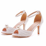 Poshoot White Pearl Sandals Women Open Toe High Heels Lady Luxury Wedding Shoes Banquet Dress