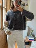 Poshoot Chic Splicing Gray White Cashmere Sweater New Women's Round Neck Fashion 2024 New Lady Autumn Winter High Street Short Cardigan