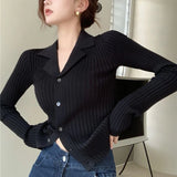 Poshoot Black Knit V Neck Cardigan Women Korean Fashion Long Sleeve Sweater Cardigans Woman Single Breasted Slim Fit Jumper Mujer