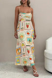 Poshoot Christmas Thanksgiving Gifts  Fruit Print Square Collar Boho Maxi Dress