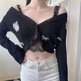 Poshoot 3D Butterfly Knitted Cardigan Women 2025 Summer Sexy Lace Long Sleeeve Crop Tops Woman Chic Short Thin Sunscreen Shirts Female