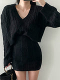 Poshoot Women's Sweater Korean V-neck Linen Pattern Knitting Two-piece Black Sweater  High Waist Hip Wrap Skirt Women's Winter Clothing