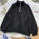 Poshoot Warm Thicken Zipper Stand Collar Hoodie Women Casual Long Sleeve Pullover Tops Woman Solid Color Loose Plush Sweatshirt