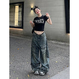 Poshoot-Women's Y2k Blue Cargo Jeans Baggy 2000s Trashy Aesthetic Streetwear Oversize Denim Trousers Harajuku Jean Pants Vintage Clothes