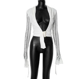 Poshoot White Lace Cardigan Women's Solid Patchwork Low Cut Long Sleeve T-Shirt Sexy Club Elegant Y2k Skinny Belt Lace Crop Top