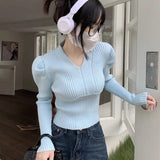 Poshoot Sweet Puff Sleeve Knit Sweater Women Korean Fashion Slim Fit V Neck Pullovers Woman Autumn Winter Chic Cropped Jumper