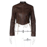 Poshoot Pu Faux Leather Zipper Long Sleeve Lace Up Button High Waist Crop Top Short Coat Jacket 2024 Streetwear Wholesale Outfit