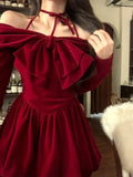 Poshoot 2023 Winter Vintage Red Velvet Short Party Dress Woman Bow Elegant Y2k Mini Dress Lolita Kawaii One Piece Dress Korean Fashion