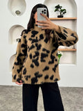 Poshoot Women Retro Leopard Printed Mohair Cashmere Pullover Fashion Oversized Turtleneck Knitted Jumper 2024 Autumn New Ladies Knitwear