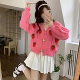 Poshoot Strawberry Decor Knitted Cardigan Women Chic Long Sleeve Sweet Cardigans Woman Korean Lazy Wind Short Sweater Coat Female