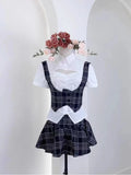 Poshoot Summer Fashion Casual Suits Chic Women Plaid Elegant Y2k 2 Piece Dress Set White Blouse + Retro Vest + Bodycon Mini Skirt