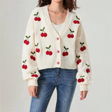 Poshoot Y2k Embroidery Cherry Cardigan Women 2024 Winter Fashion Patchwork Long Sleeve Short Cardigan Street Casual Knitwear Sweater