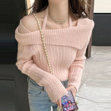 Poshoot Sweet off-Shoulder Knit Sweater Women Elegant High Sense Slimming Fairy Clavicle Hanging Neck Top Female Spring Autumn Dailywear