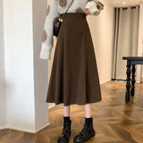 Poshoot Autumn Winter Woolen A Line Skirt Women Back Elastic High Waisted Pleated Skirts Woman Korean College Style Midi Skirt