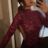 Talenza Lace Maxi Skirt Suit Women's Sexy Mesh See-through Long Sleeve Jumpsuit Slim Lace Up Floral Skirt Suit Female Skirt Suit