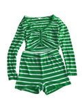 Poshoot Women Red/Green Christmas Pajama Set Casual Striped Long Sleeve Buttons Cropped Shirt and Shorts Sleepwear 2 Piece Loungewear