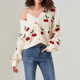 Poshoot Y2k Embroidery Cherry Cardigan Women 2024 Winter Fashion Patchwork Long Sleeve Short Cardigan Street Casual Knitwear Sweater