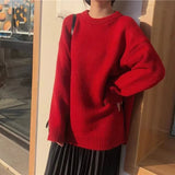 Poshoot Autumn Winter Red Sweater Women Round Neck Loose Knitted Jumpers Woman Christmas Style Long Sleeve Chic Sweaters Female