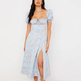 Poshoot 2023 Sexy High Split Dresses Women Summer Puff Sleeve Blue Flower Dress Woman Elegant Square Collar Dress Female S-3Xl