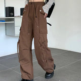 Poshoot 2024 Elastics Waist Cargo Pants Women Autumn Solid Color Pockets Wide Leg Trousers Woman Drawstring Loose Y2k Pants Mujer