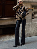 Poshoot Women Retro Leopard Printed Mohair Cashmere Pullover Fashion Oversized Turtleneck Knitted Jumper 2024 Autumn New Ladies Knitwear