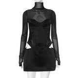 Poshoot Mesh Patchwork High Neck Dress Women's Sexy Slim Hollow Body Fit Party Club Dress Black See-through Streetwear Y2k Dress