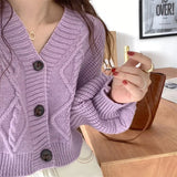 Poshoot V Neck Cropped Cardigan Women Long Sleeve Twist Knitted Sweater Coats Woman Korean Fashion Solid Color Button Up Cardigan