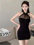 Poshoot Summer New Sexy Hanging Neck Temperament Backless Black Dress French Style Slim Wrap Hip Sleeveless Dress Gauze Mature MB2T