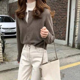 Poshoot Solid Color Knitted Cardigan Women Korean Single Breasted Long Sleeve Jumper Woman Round Neck All Match Cardigans Outwear