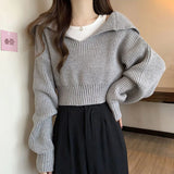 Poshoot Long Sleeve Cropped Sweater Women Autumn Winter Turn Down Collar Knitted Jumper Woman Korean Style Solid Color Jerseys