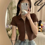 Poshoot Streetwear Zipper Up T-Shirt Cardigan Women Harajuku Y2K Turn Down Collar Slim Crop Top Woman 2024 Summer Short Sleeve Tee Shirt