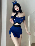 Poshoot Fashion Uniform Blue Skirts Set Female Sexy Flight Attendant Uniform Sexy Hot Gown Bandage Off Shoulder Top Jk Uniform 8TLR