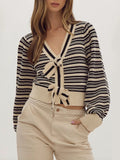 Poshoot Women Bow Tie Front Cardigan Sweater Button Striped Lady Jacket Elegant Puff Long Sleeve Crop Knit Outwear Y2k Streetwear