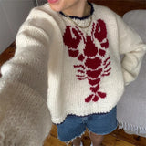 Poshoot Lobster Patterm Knitted Pullovers Autumn Winter Long Sleeve Knitwear 90s Vintage Grunge Preppy Style Y2K Sweater Women Clothes