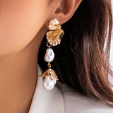 Poshoot-Korean Fashion Irregular Petal Flower Drop Earrings for Women Imitation Pearl Piercing Dangle Earrings Wed Accessories