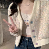 Poshoot Chic Color Dots Knitted Cropped Cardigans Women Korean Fashion V Neck Cardigan Coats Woman 2024 Long Sleeve Sweater Coat Female