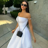 Poshoot Elegant Backless Long Dress Women's Sexy One Shoulder Strapless Pleated Solid Party Dress High Waist Sleeveless Dress