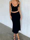 Poshoot Women Summer Skirts Outfits Lace Ruched V-Neck Spaghetti Strap Camis Tops Low Waist Midi Skirts 2 Pieces Clothes Set