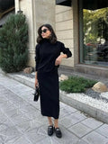 Poshoot Ribbed Knit 2 Piece Dress Set Outfits Ladies  Knitwear Top And Midi Skirt Sets For Women Casual Winter Sweater Sets 2023