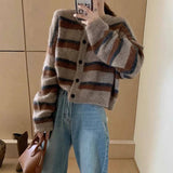 Poshoot Vintage Striped Cardigan Women Korean Style Round Neck Long Sleeve Sweaters Woman Button Up Short Knitting Cardigans