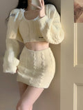 Poshoot Autumn Elegant 3 Piece Skirt Set Women Casual Long Sleeve Cardigan + Sexy Bodycon Y2k Crop Tops + Mini Skirts Knitted Suits