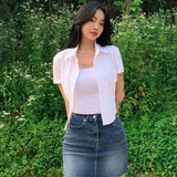 Poshoot Korean Slim Fit White Shirt Women Summer Y2K Short Sleeve Crop Top Blouses Woman Preppy Style Button Up Basic T Shirts