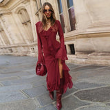 Poshoot Ruffled Mesh Maxi Dress Women's Red V-Neck Long Sleeve Elegant Maxi Skirt High Waist Vintage Patchwork Robe Party Dress