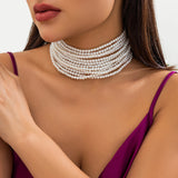 Poshoot-Multilayer Elegant Imitation Pearl Chunky Beads Chain Necklace for Women Wedding Bridal Goth Clavicle Choker Neck Accessories