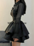 Poshoot Summer Black Gothic Lolita Short Party Suits Women Long Sleeve Coat + Pure Color Mini Dress Fashion High Waist Outfits Chic