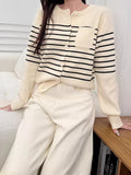 Poshoot Vintage Striped Knitted Sweater Women Beige Casual Cropped Cardigan Mujer Long Sleeve Knitwear Autumn Winter Jersey