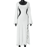 Poshoot White Ruffle Long Dress Women's Color Block Lace Long Sleeve High Slit Sexy Dress High Waist O Neck Pullover Long Dress