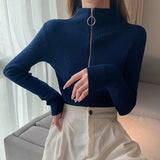 Poshoot Women's Zipper Red Knitted Sweater Autumn Winter Basic Long Sleeve Jumpers Ladies Korean Solid Slim Fit Knitwears Women