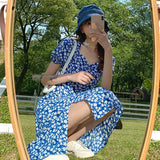 Poshoot Korean Fashion Printed Flower Dress Women 2024 Summer Side Split Short Sleeves Dress Woman V Neck Beach Long Dresses