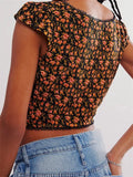 Poshoot Retro Women Summer Slim Fit T-shirts Crop Tops Short Sleeve Deep V Neck Button Up Floral Print Short Tees Shirts 2024